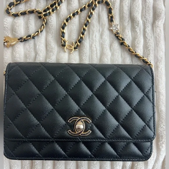 CHANEL Black Caviar Wallet with Gold Chain & Charms - Picture 2 of 12